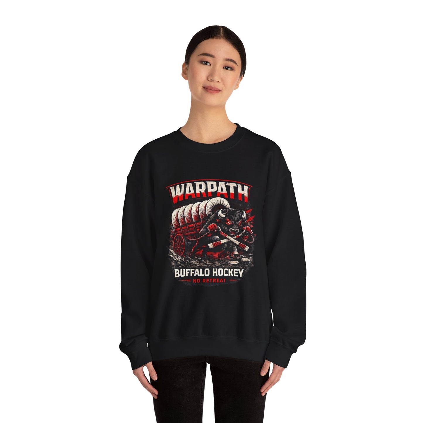 Buffalo Hockey Warpath Crewneck Sweatshirt — Black & Red Team Design