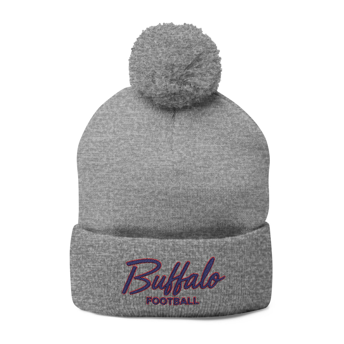 Embroidered Pom-Pom Knit Cap — 'Buffalo Football' Gray Winter Beanie