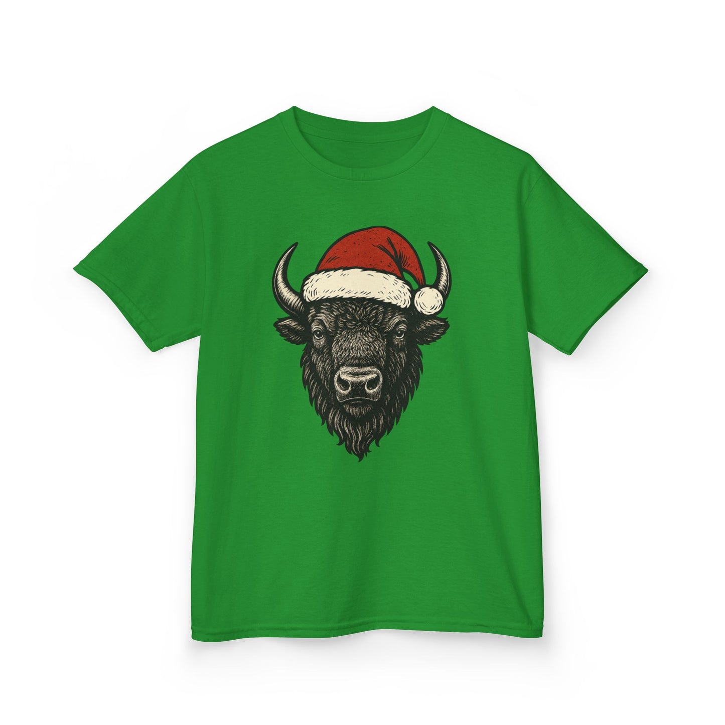 Kids Tee — Festive Buffalo with Santa Hat Christmas Shirt