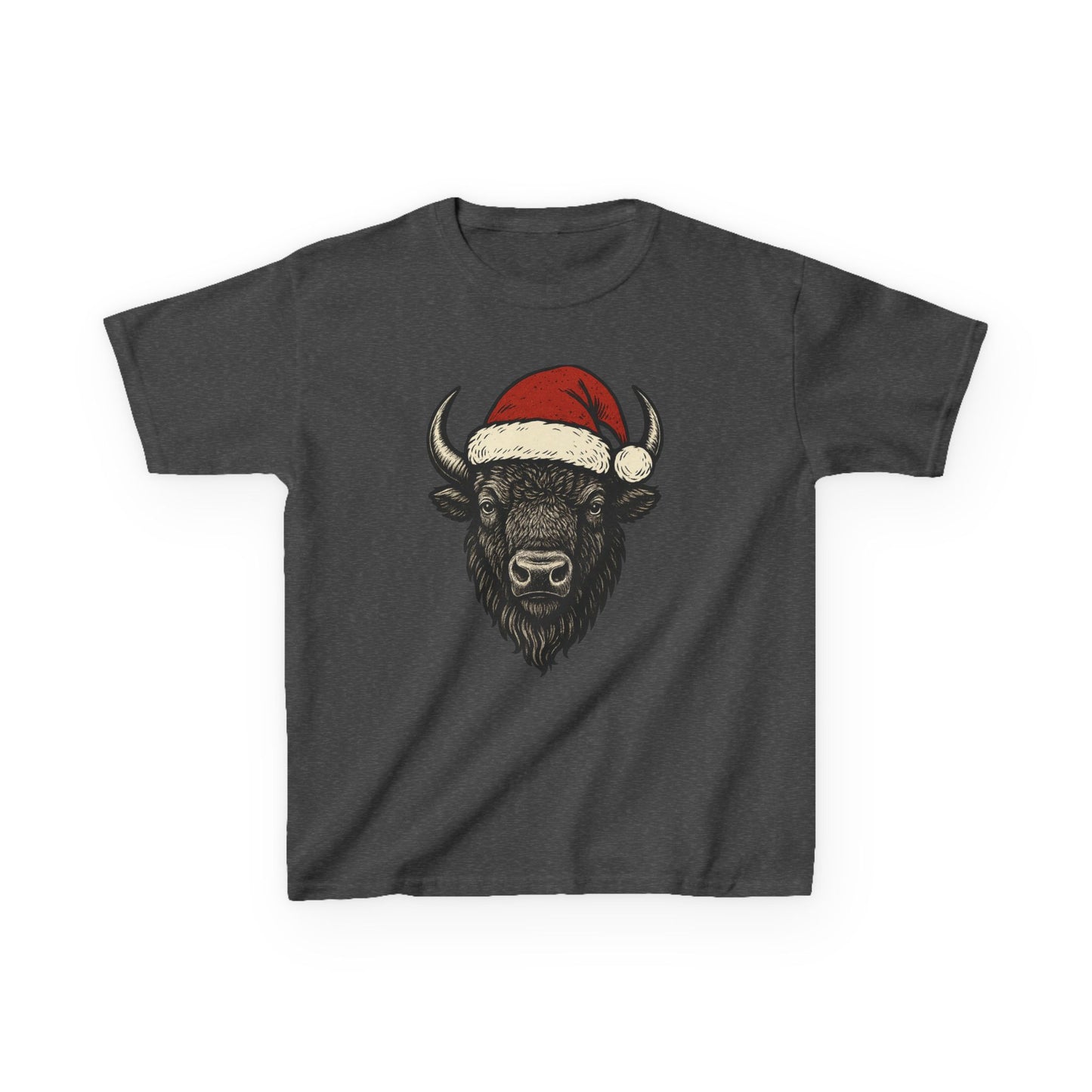 Kids Tee — Festive Buffalo with Santa Hat Christmas Shirt