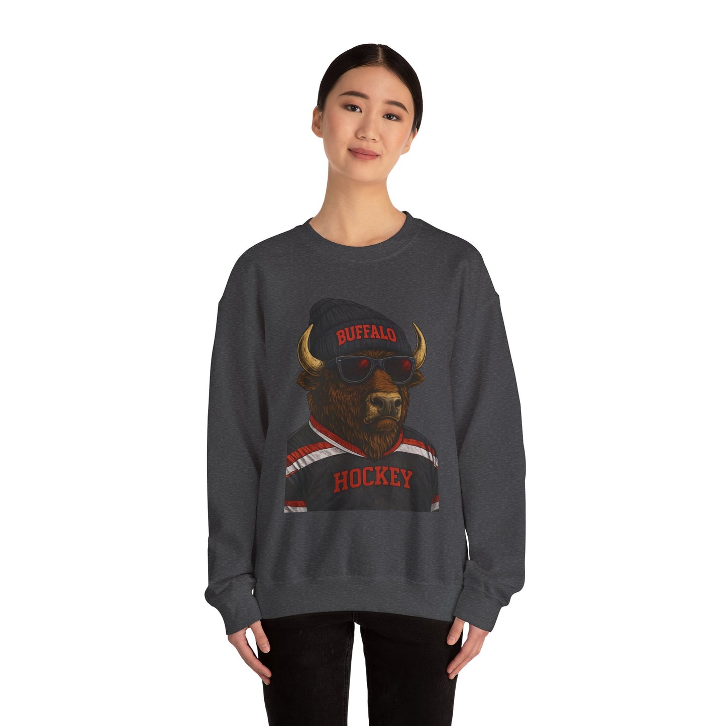 Buffalo Hockey Buffalo Mascot Crewneck Sweatshirt - Black and Red
