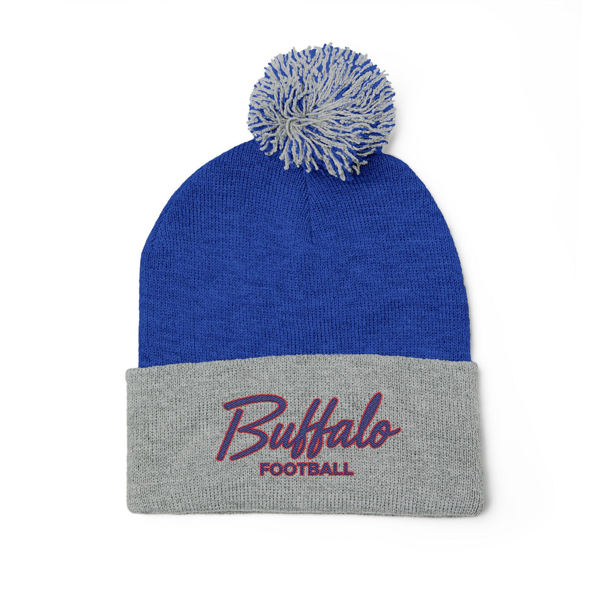 Embroidered Pom-Pom Knit Cap — 'Buffalo Football' Gray Winter Beanie