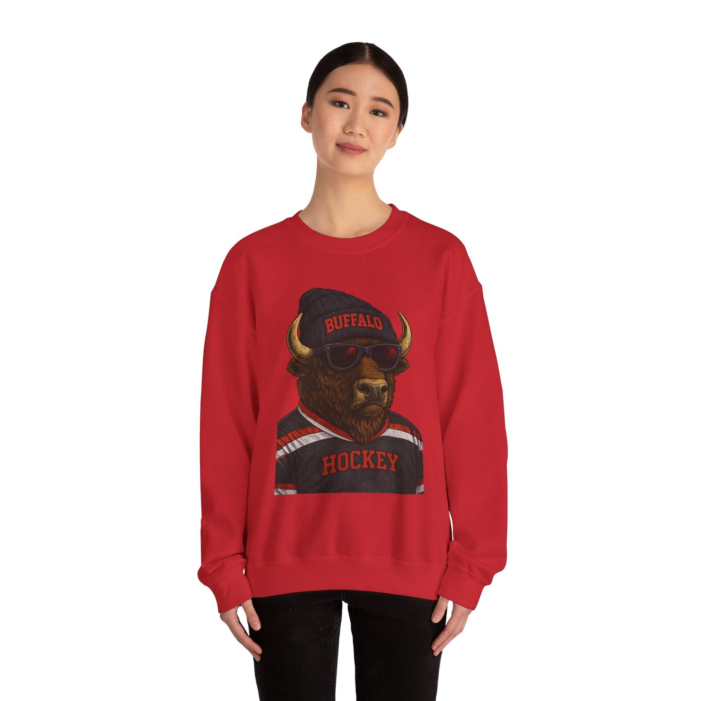 Buffalo Hockey Buffalo Mascot Crewneck Sweatshirt - Black and Red