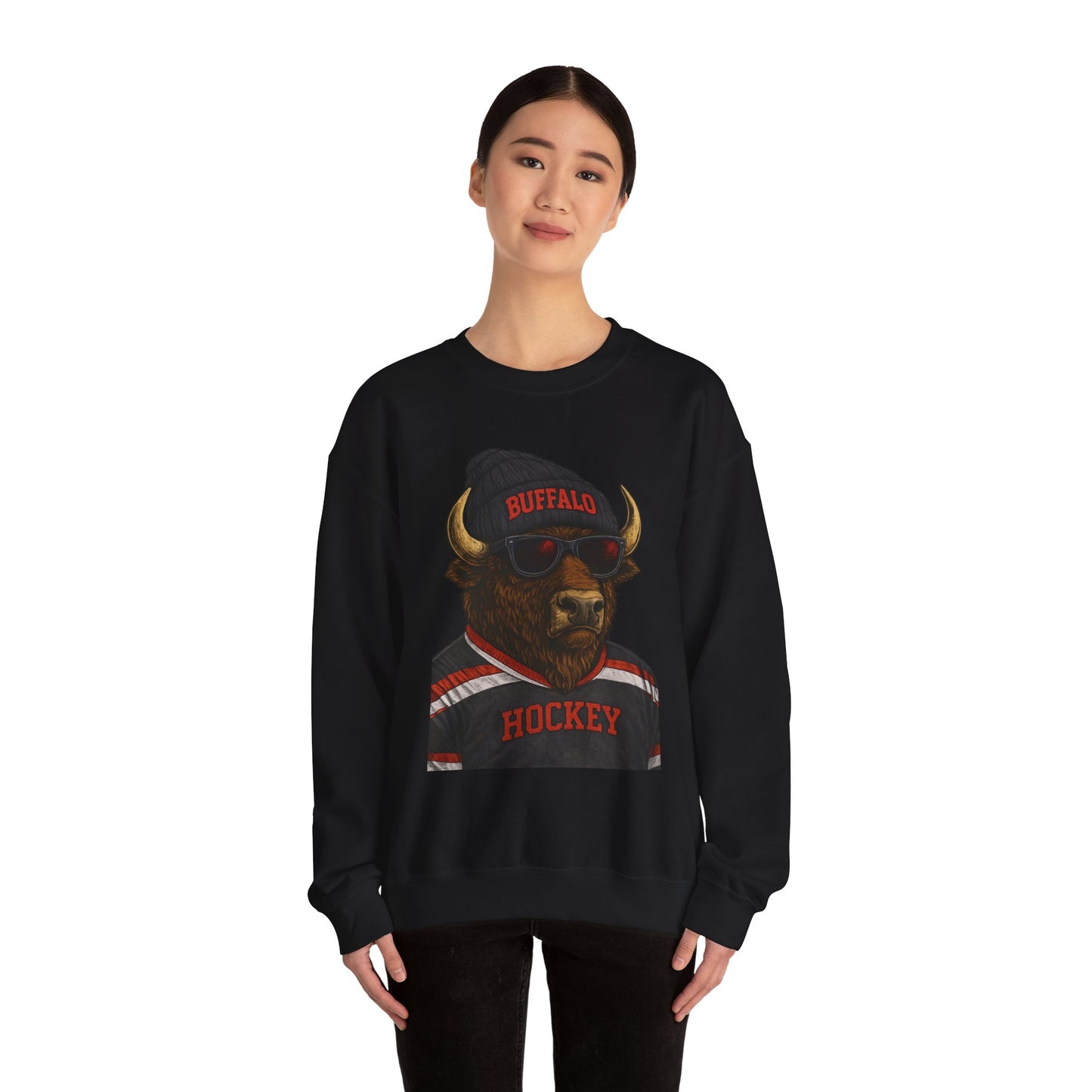 Buffalo Hockey Buffalo Mascot Crewneck Sweatshirt - Black and Red
