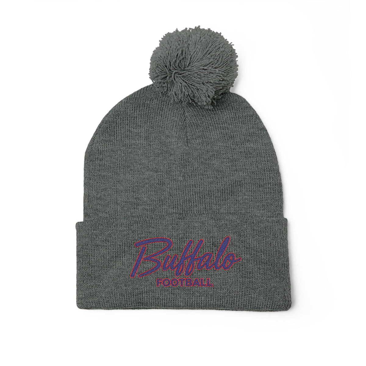 Embroidered Pom-Pom Knit Cap — 'Buffalo Football' Gray Winter Beanie