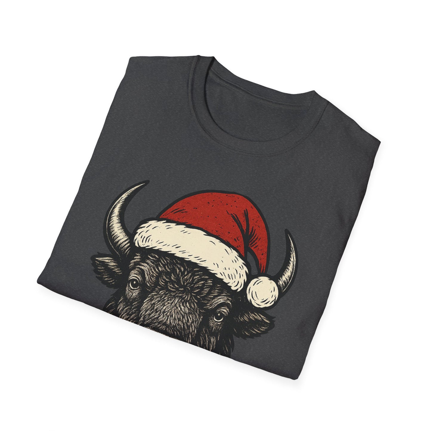Buffalo Head Christmas T-Shirt — Rustic Holiday Santa Hat Tee