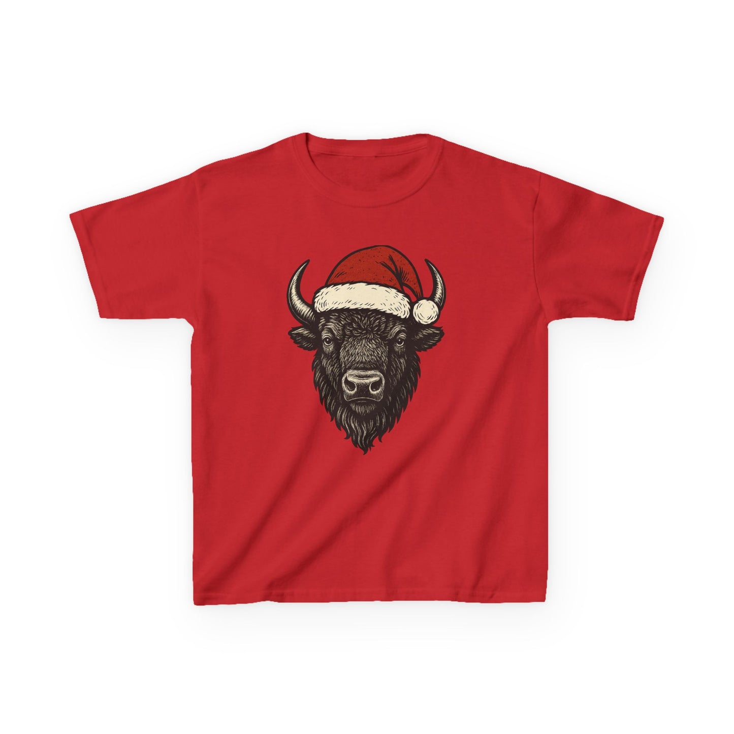 Kids Tee — Festive Buffalo with Santa Hat Christmas Shirt