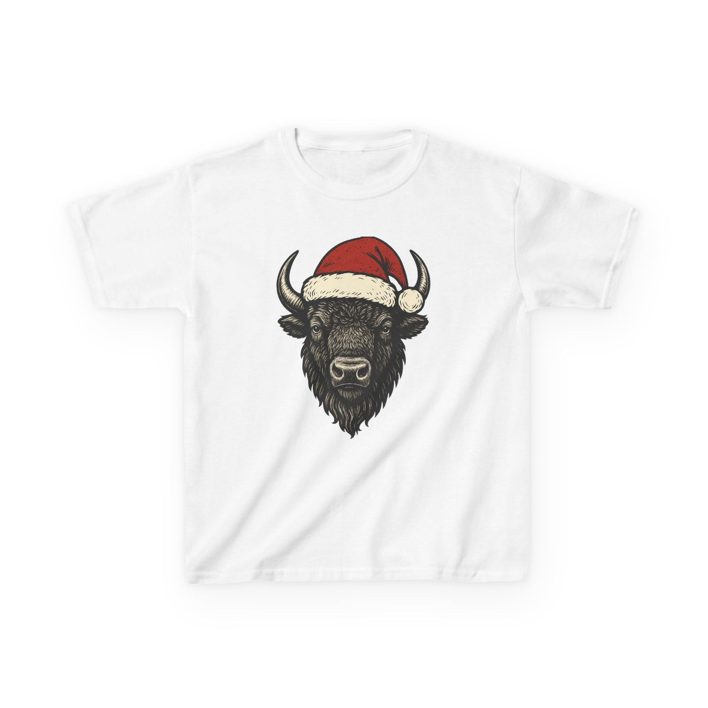 Kids Tee — Festive Buffalo with Santa Hat Christmas Shirt
