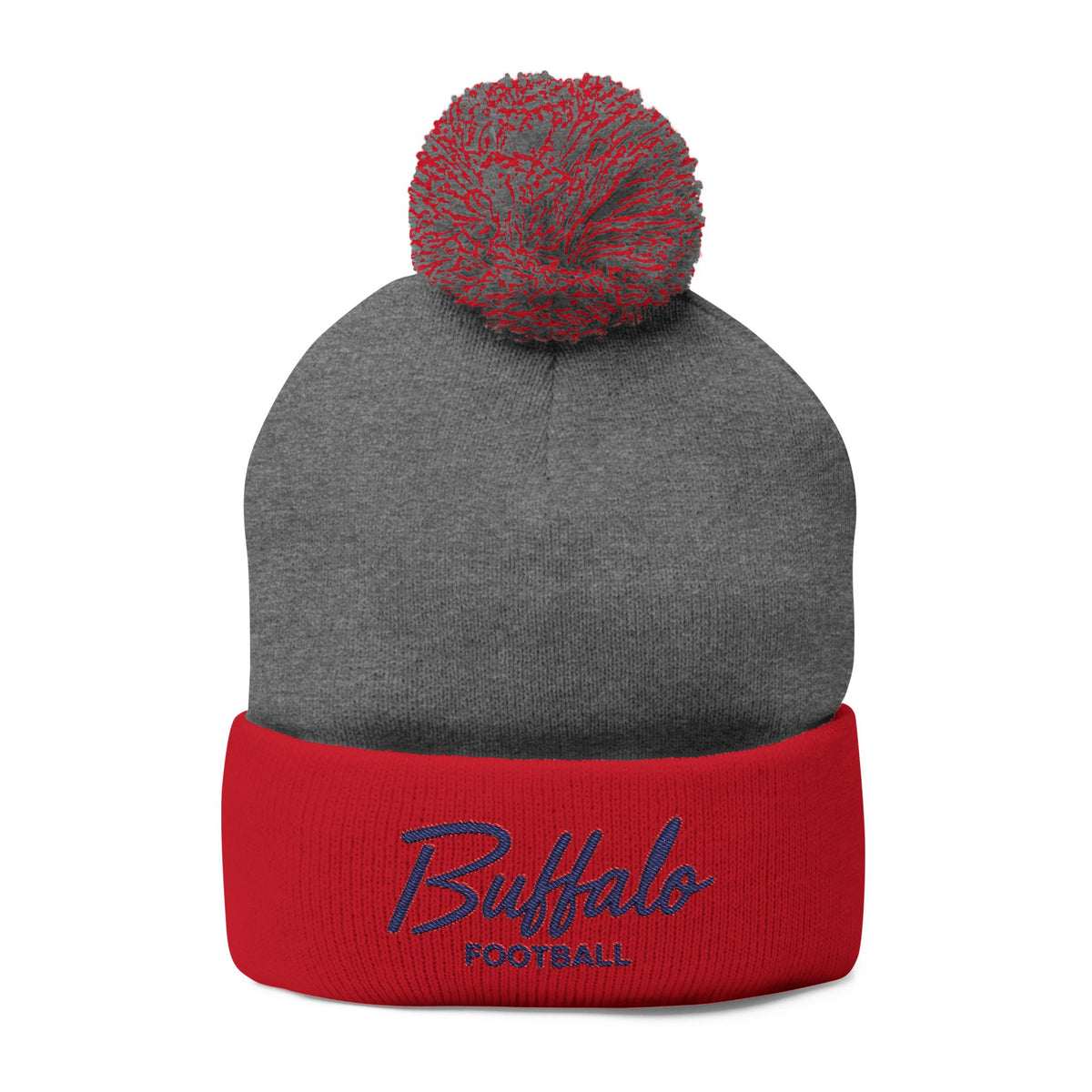 Embroidered Pom-Pom Knit Cap — 'Buffalo Football' Gray Winter Beanie