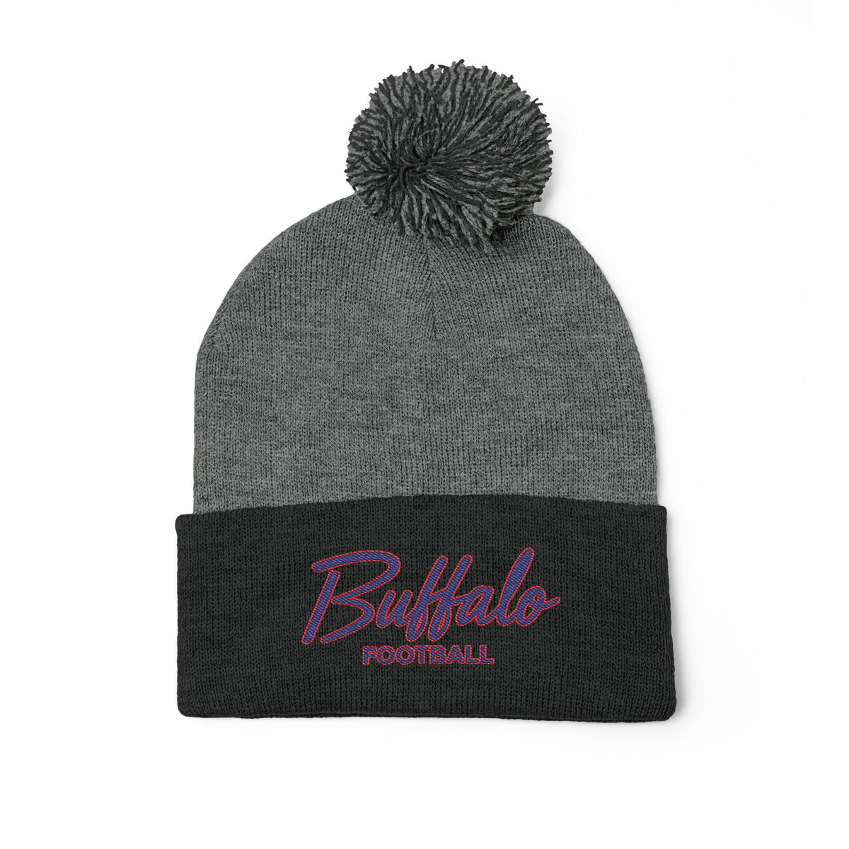 Embroidered Pom-Pom Knit Cap — 'Buffalo Football' Gray Winter Beanie