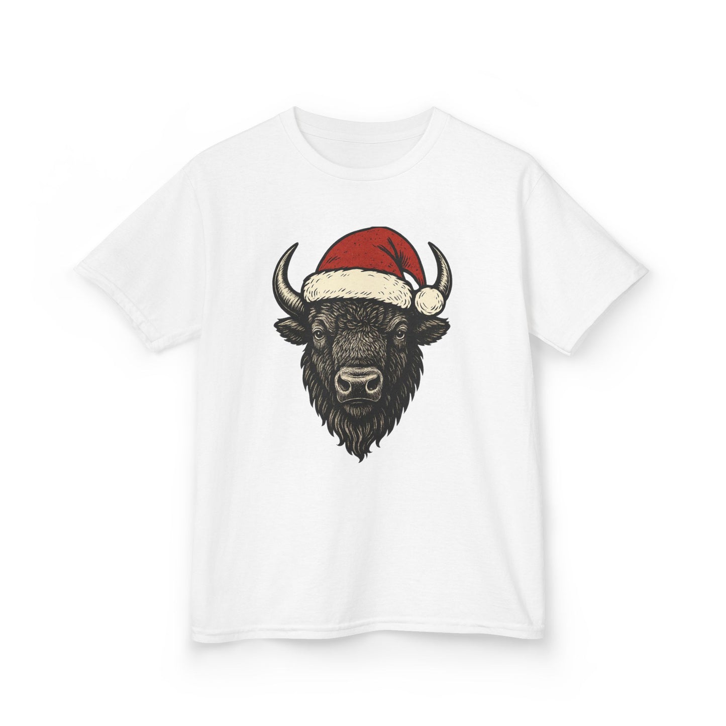 Kids Tee — Festive Buffalo with Santa Hat Christmas Shirt