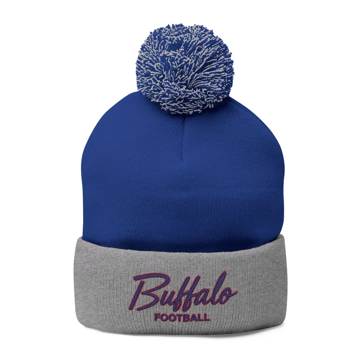 Embroidered Pom-Pom Knit Cap — 'Buffalo Football' Gray Winter Beanie
