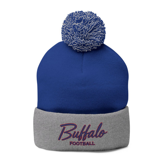 Embroidered Pom-Pom Knit Cap — 'Buffalo Football' Gray Winter Beanie