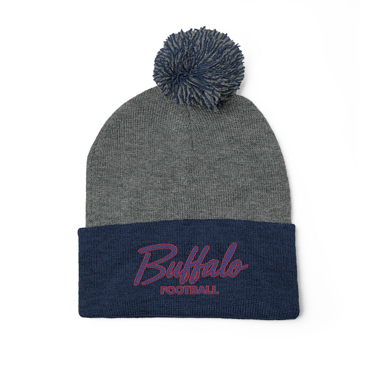 Embroidered Pom-Pom Knit Cap — 'Buffalo Football' Gray Winter Beanie