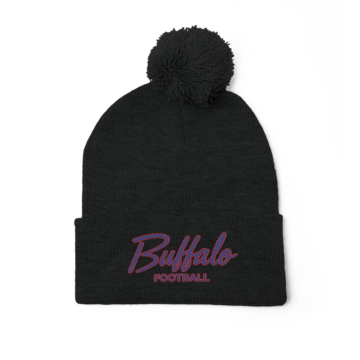 Embroidered Pom-Pom Knit Cap — 'Buffalo Football' Gray Winter Beanie