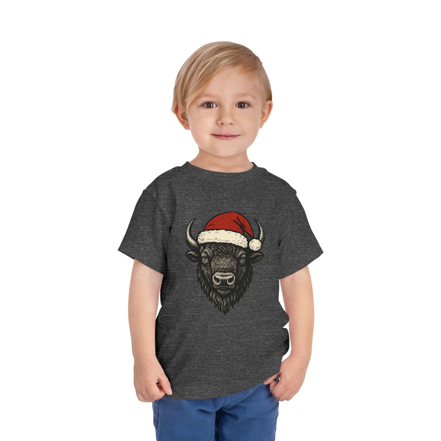 Toddler Tee — Buffalo Head in Santa Hat Christmas Shirt