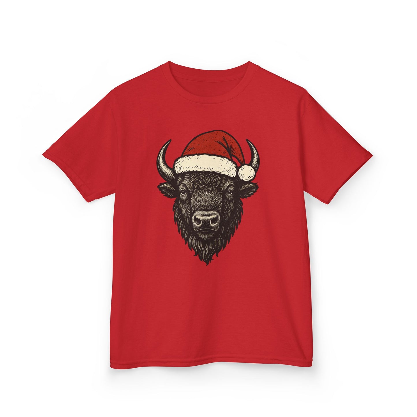 Kids Tee — Festive Buffalo with Santa Hat Christmas Shirt