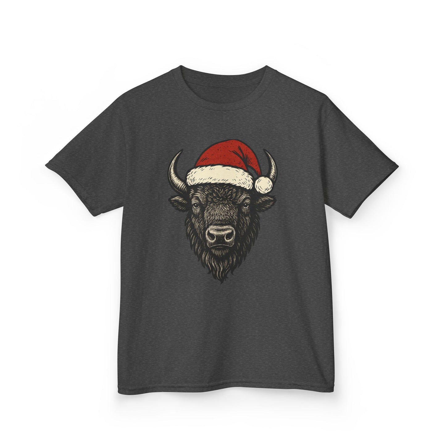 Kids Tee — Festive Buffalo with Santa Hat Christmas Shirt