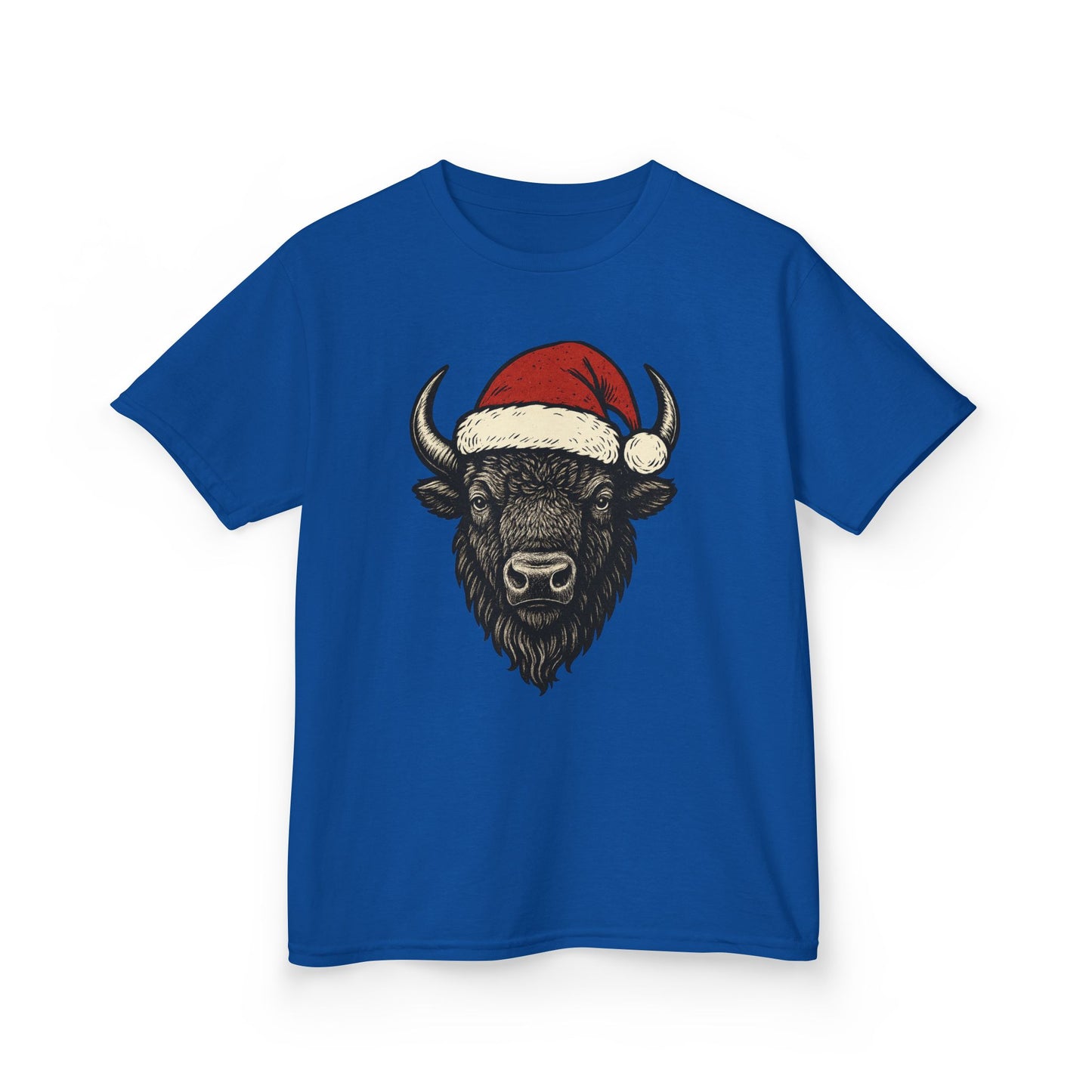 Kids Tee — Festive Buffalo with Santa Hat Christmas Shirt