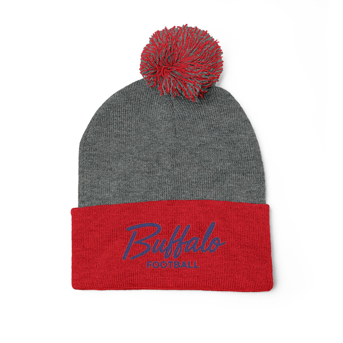 Embroidered Pom-Pom Knit Cap — 'Buffalo Football' Gray Winter Beanie
