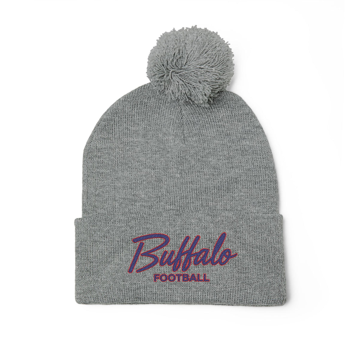 Embroidered Pom-Pom Knit Cap — 'Buffalo Football' Gray Winter Beanie