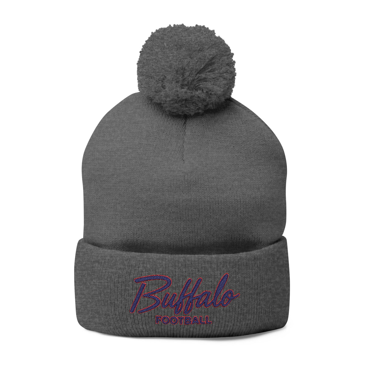 Embroidered Pom-Pom Knit Cap — 'Buffalo Football' Gray Winter Beanie