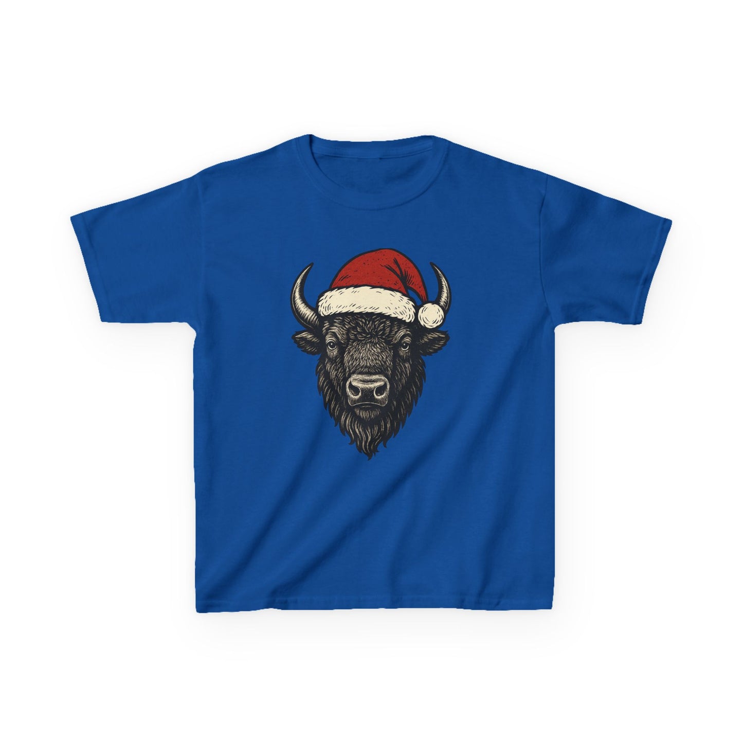 Kids Tee — Festive Buffalo with Santa Hat Christmas Shirt