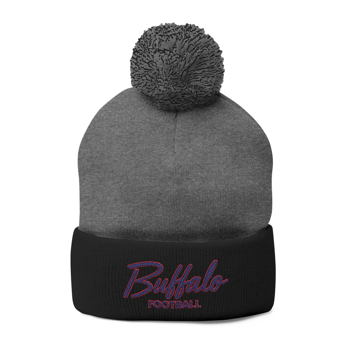 Embroidered Pom-Pom Knit Cap — 'Buffalo Football' Gray Winter Beanie