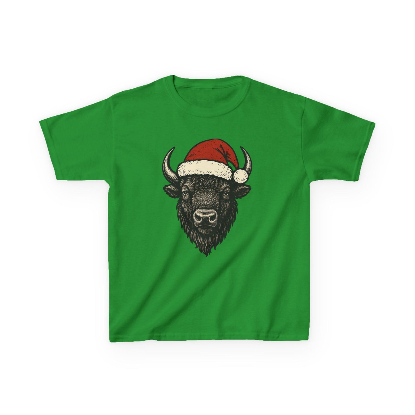 Kids Tee — Festive Buffalo with Santa Hat Christmas Shirt