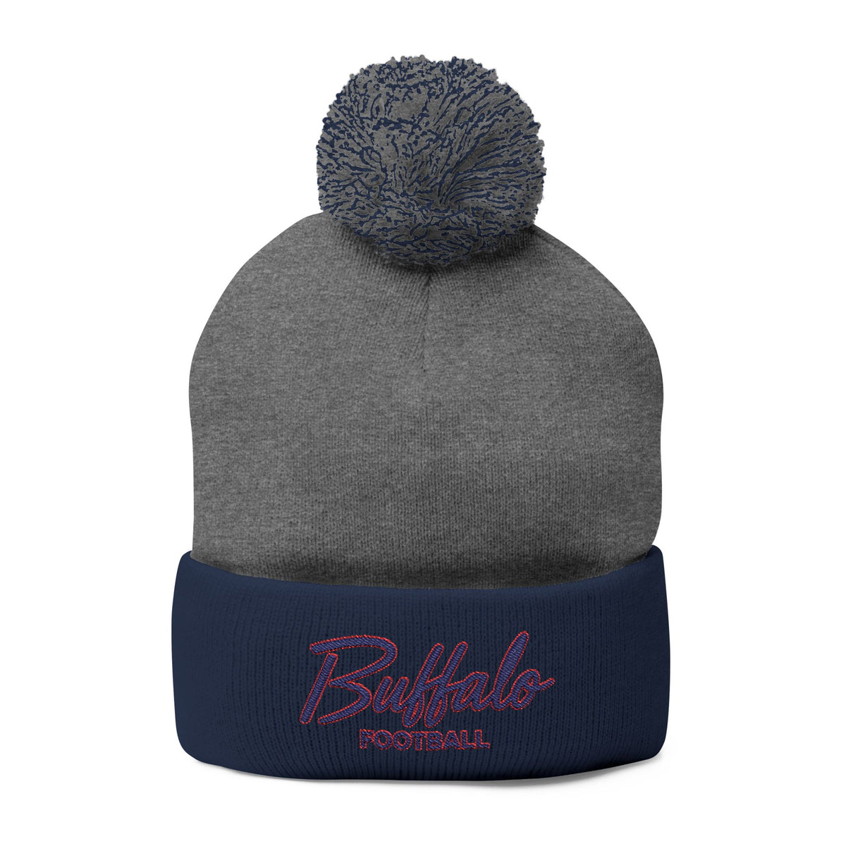 Embroidered Pom-Pom Knit Cap — 'Buffalo Football' Gray Winter Beanie