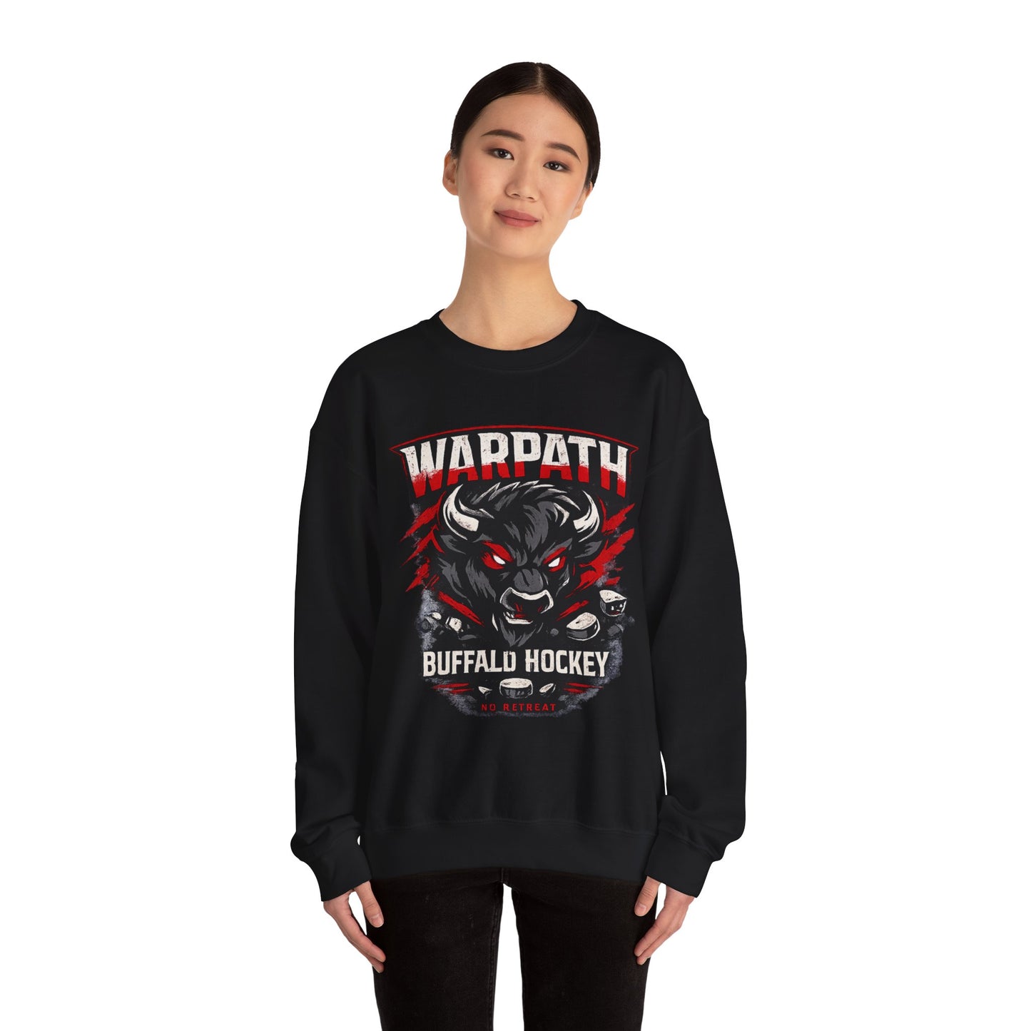 Buffalo Hockey Warpath Crewneck Sweatshirt — Black & Red Team Design